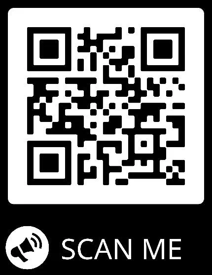 A QR code with a "Scan Me" text and a megaphone icon at the bottom.